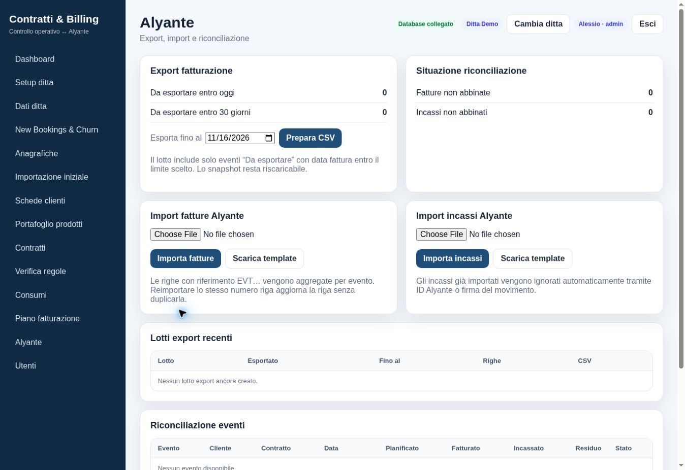 Contratti & Billing: schermata Alyante con export CSV, import di fatture e incassi e riconciliazione.